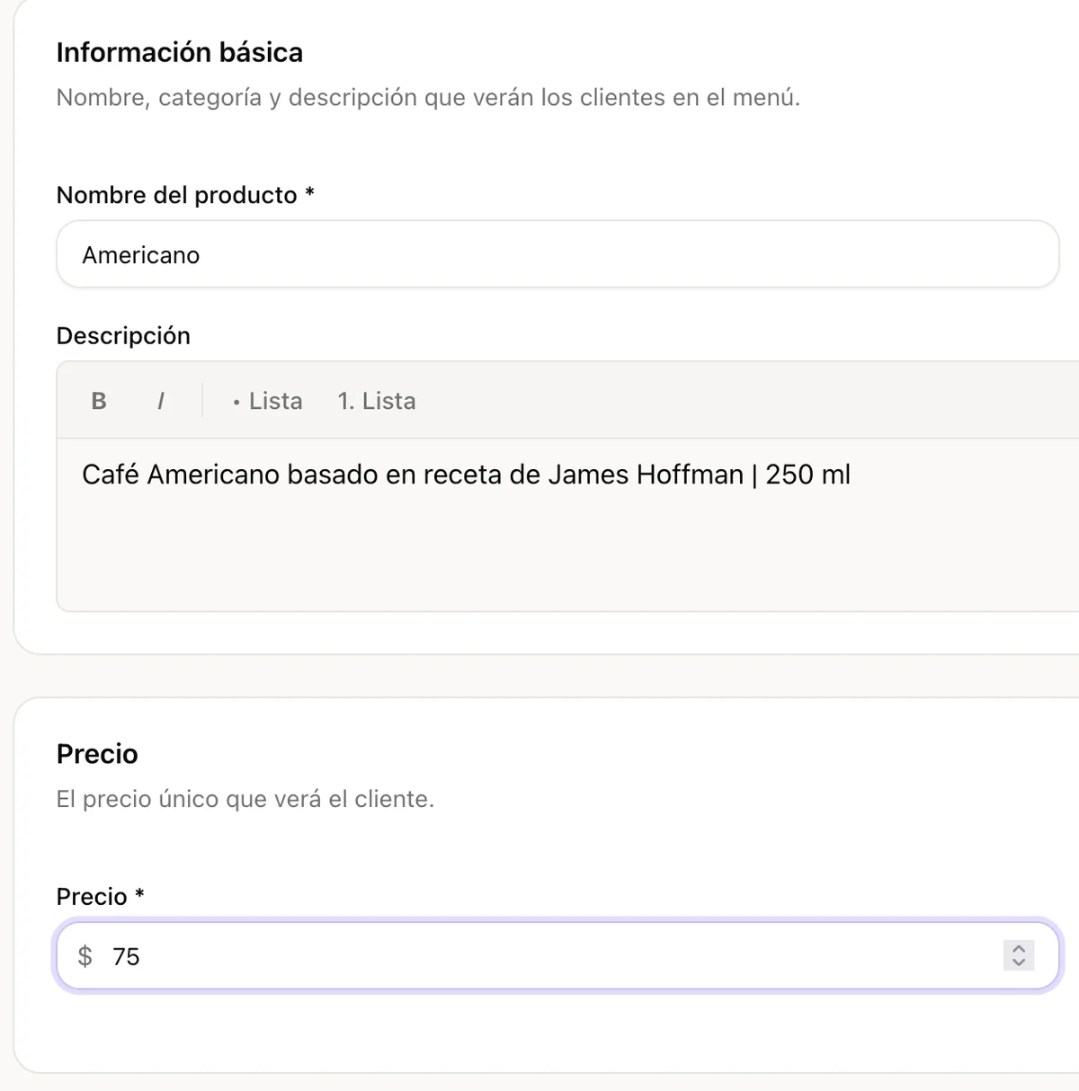 Pantalla del panel de Uff un Menú editando el nombre, la categoría y el precio de un Americano