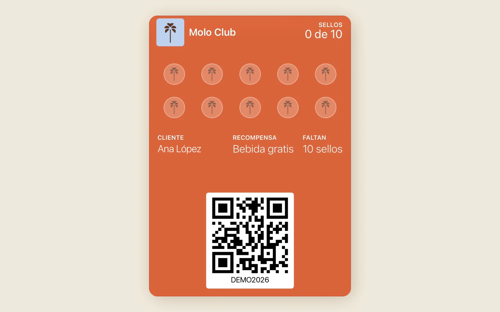 Tarjeta de lealtad de Molo Club en Apple Wallet con 10 sellos y recompensa de bebida gratis